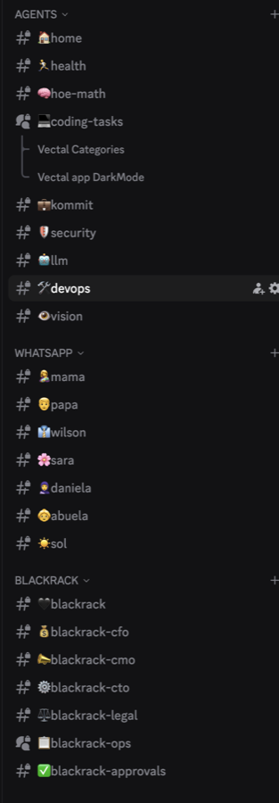 Discord sidebar screenshot showing AGENTS, WHATSAPP, and BLACKRACK categories and channels